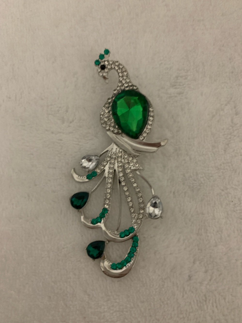 Emerald Teardrop Peacock Silver-Tone Brooch - Green Accent